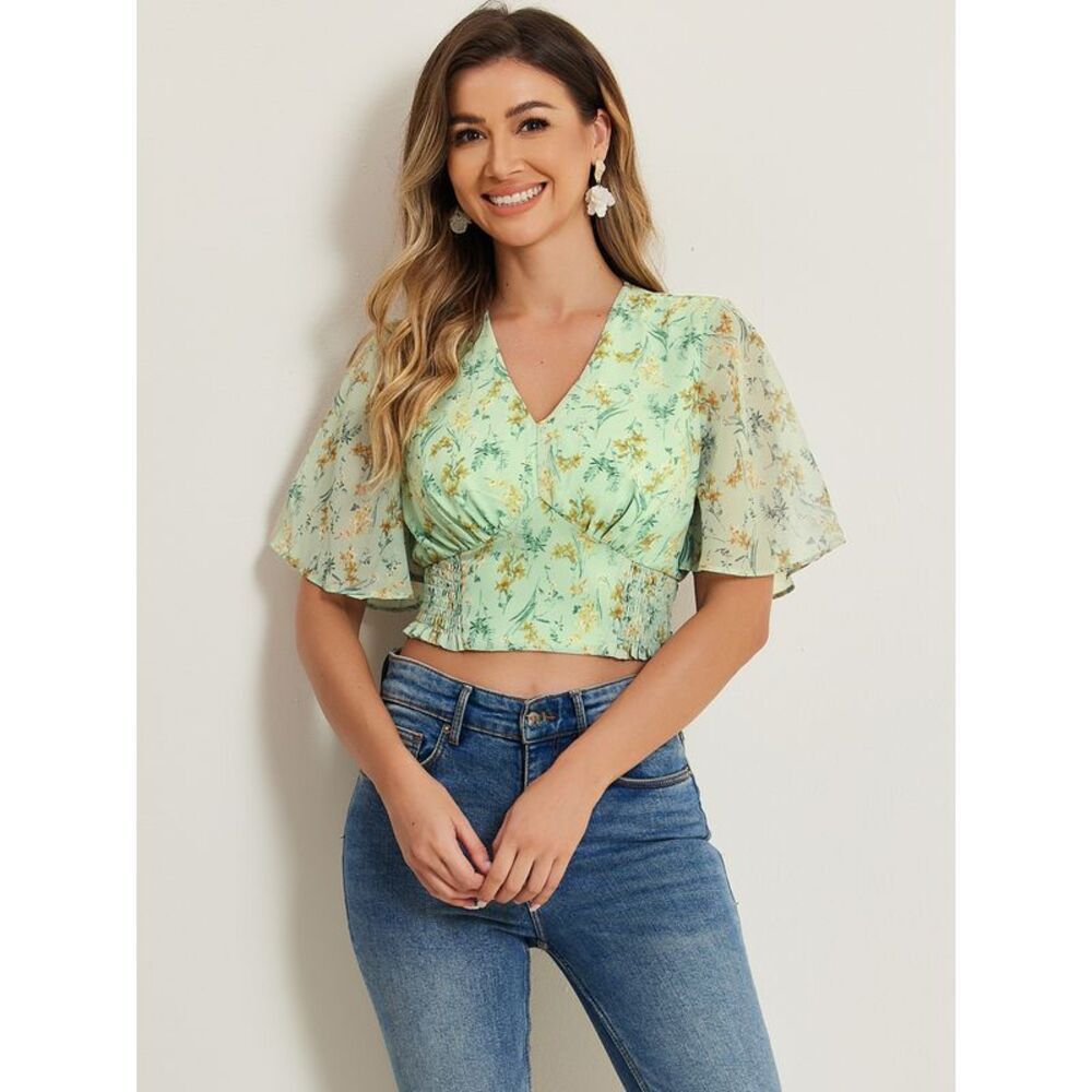 Floral Flare Short Sleeve V Neck Summer Smocked Crop Tops Green - Picture 2 of 6